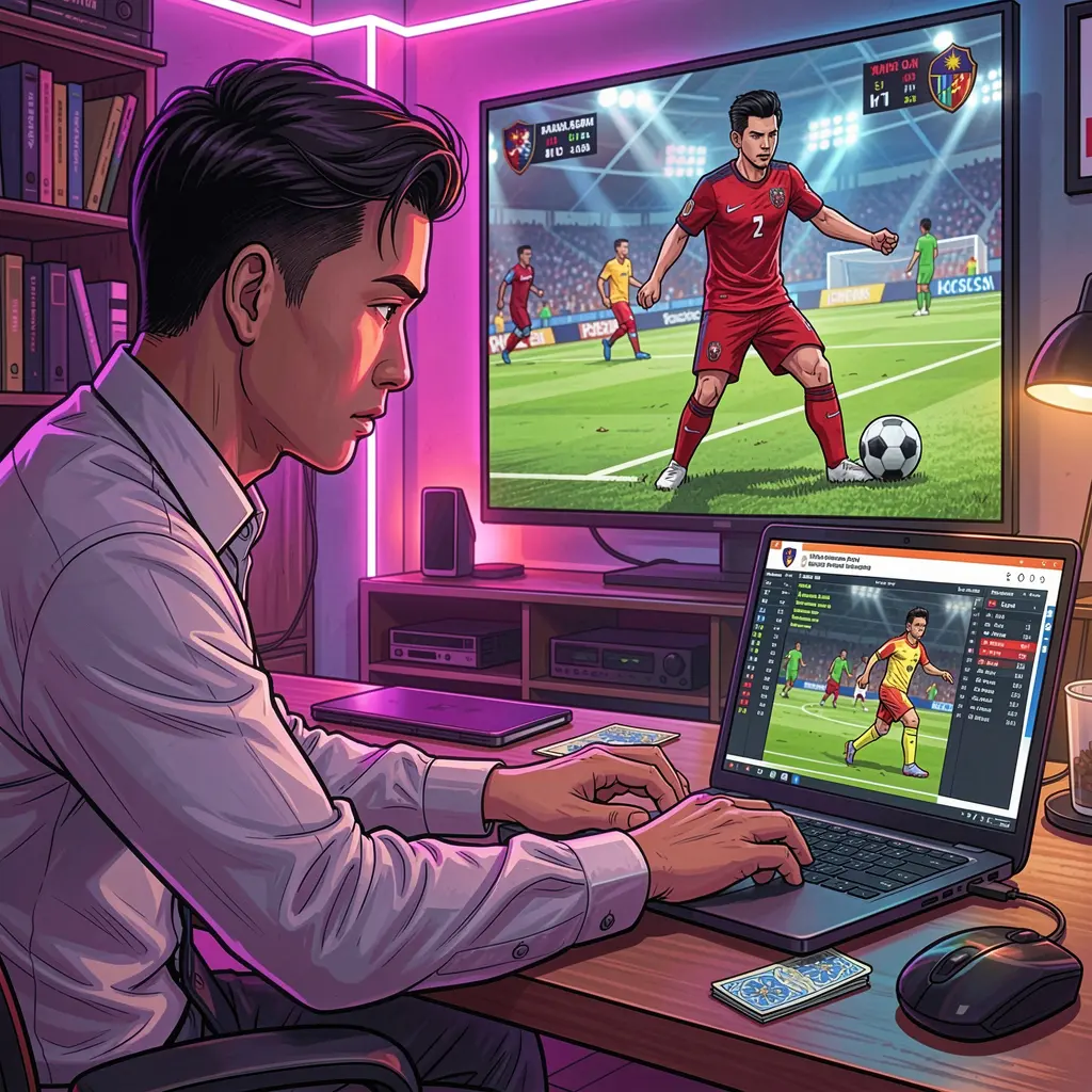 Confident Malaysian player placing live football bets online with BANTUAN888 while watching a thrilling match on TV